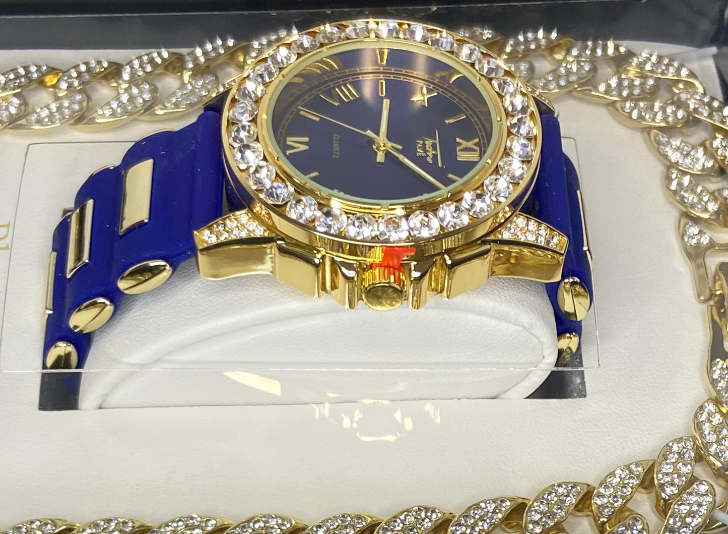 Men’s Blue & Rhinestone Watch/Chain Set