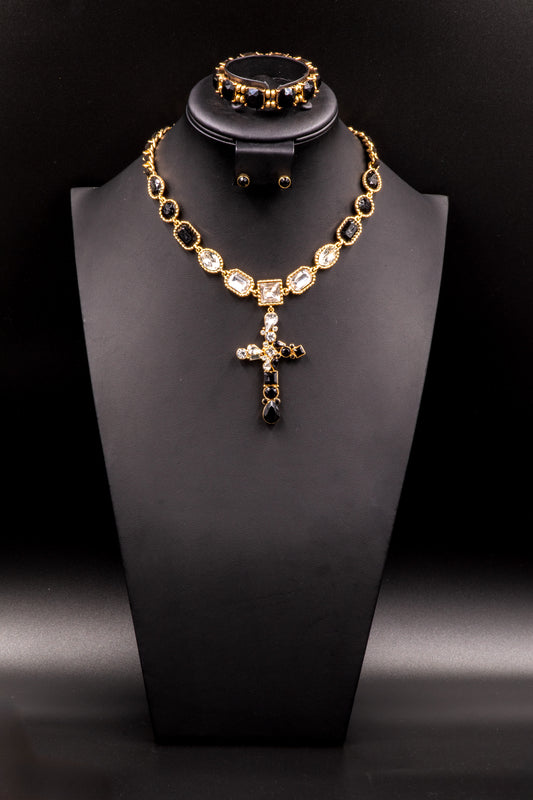 Black/Gold Necklace Set with Cross Pendant