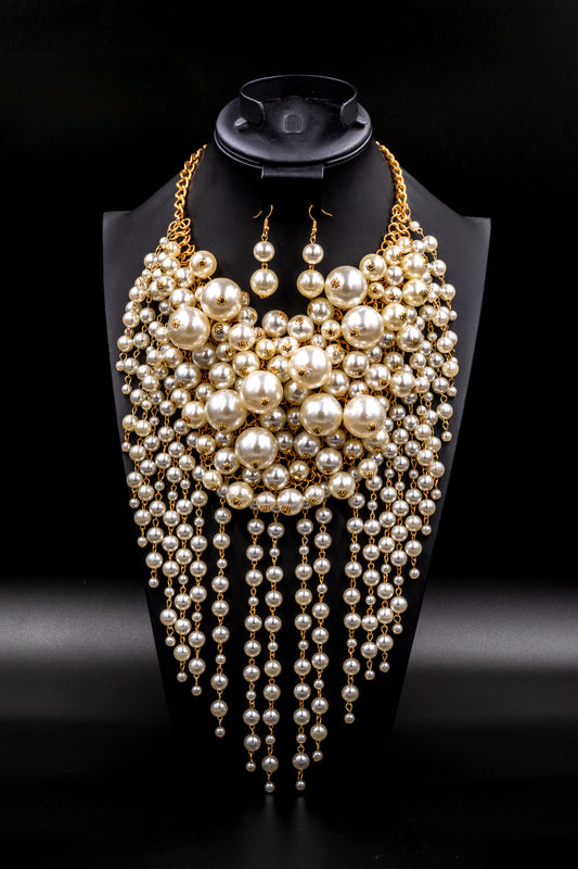 Multilayered Gold Tone & Pearl Beaded Necklace Set