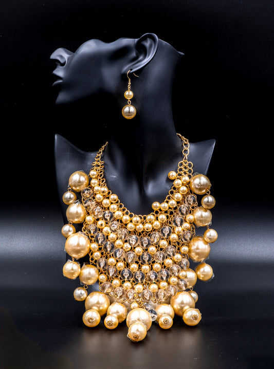 Multilayered Gold Tone & Beige Pearl Beaded Necklace Set