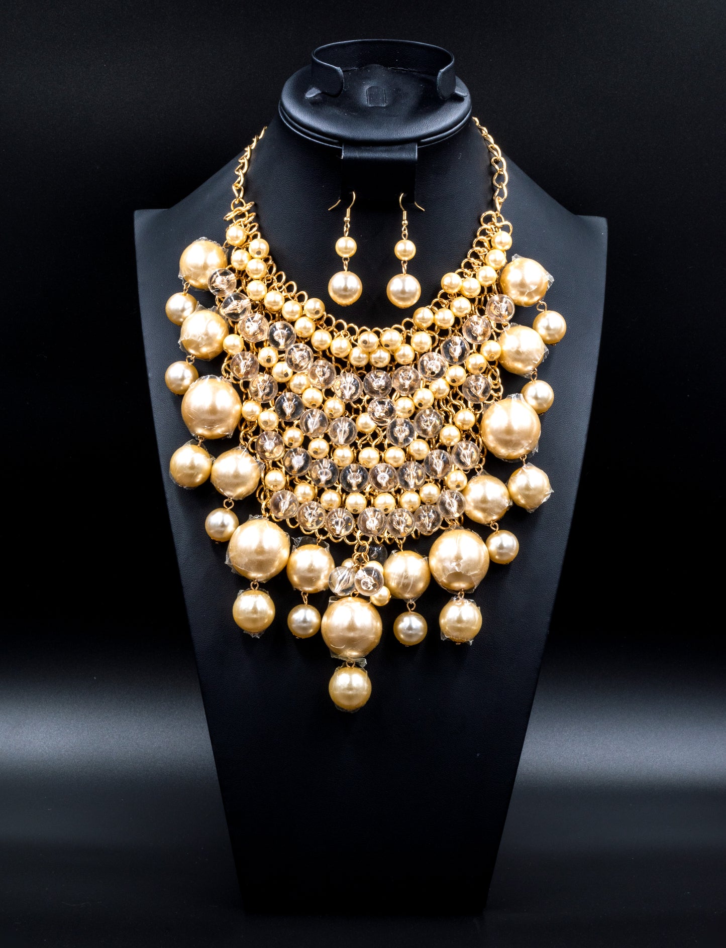 Multilayered Gold Tone & Beige Pearl Beaded Necklace Set