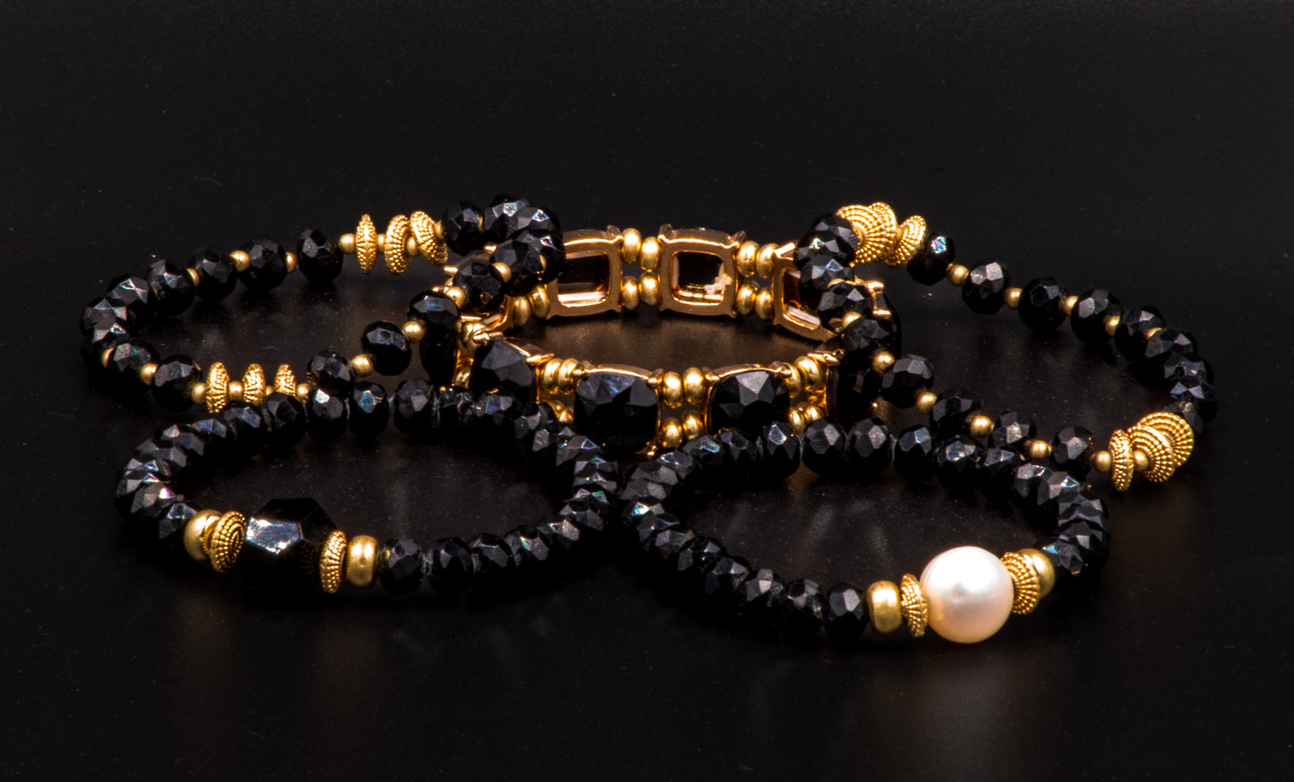 Black and Gold Beaded Bracelet Set