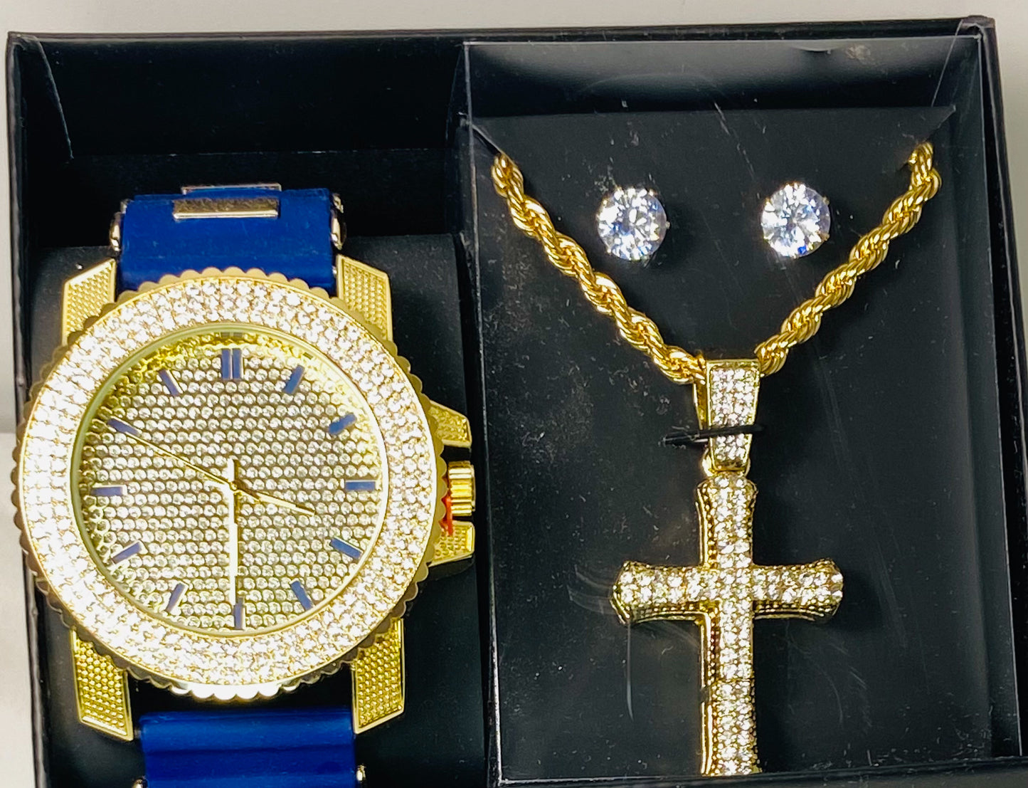 Men’s Blue, Rhinestone & Gold Watch/Chain Set