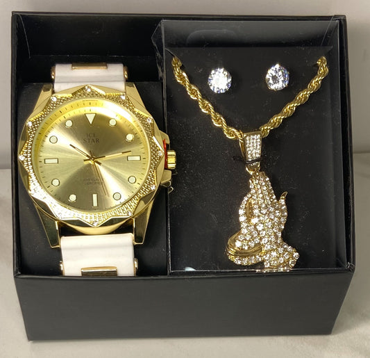 Men’s White, Rhinestone & Gold Watch/Chain Set