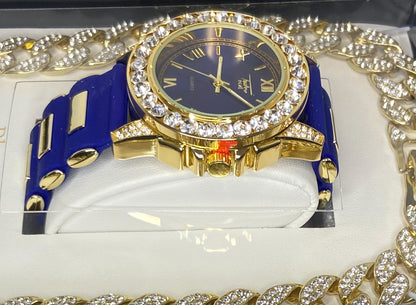 Men’s Blue & Rhinestone Watch/Chain Set